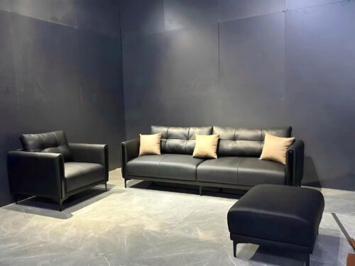 Ghế sofa da 2 ghế 1 đôn đen cao cấp SD09