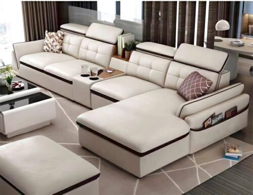 Ghế sofa da chữ L cỡ lớn tì tay gỗ kèm đôn to SD58